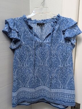 1. State Blue Paisley Ruffle-Sleeve V-Neck Blouse